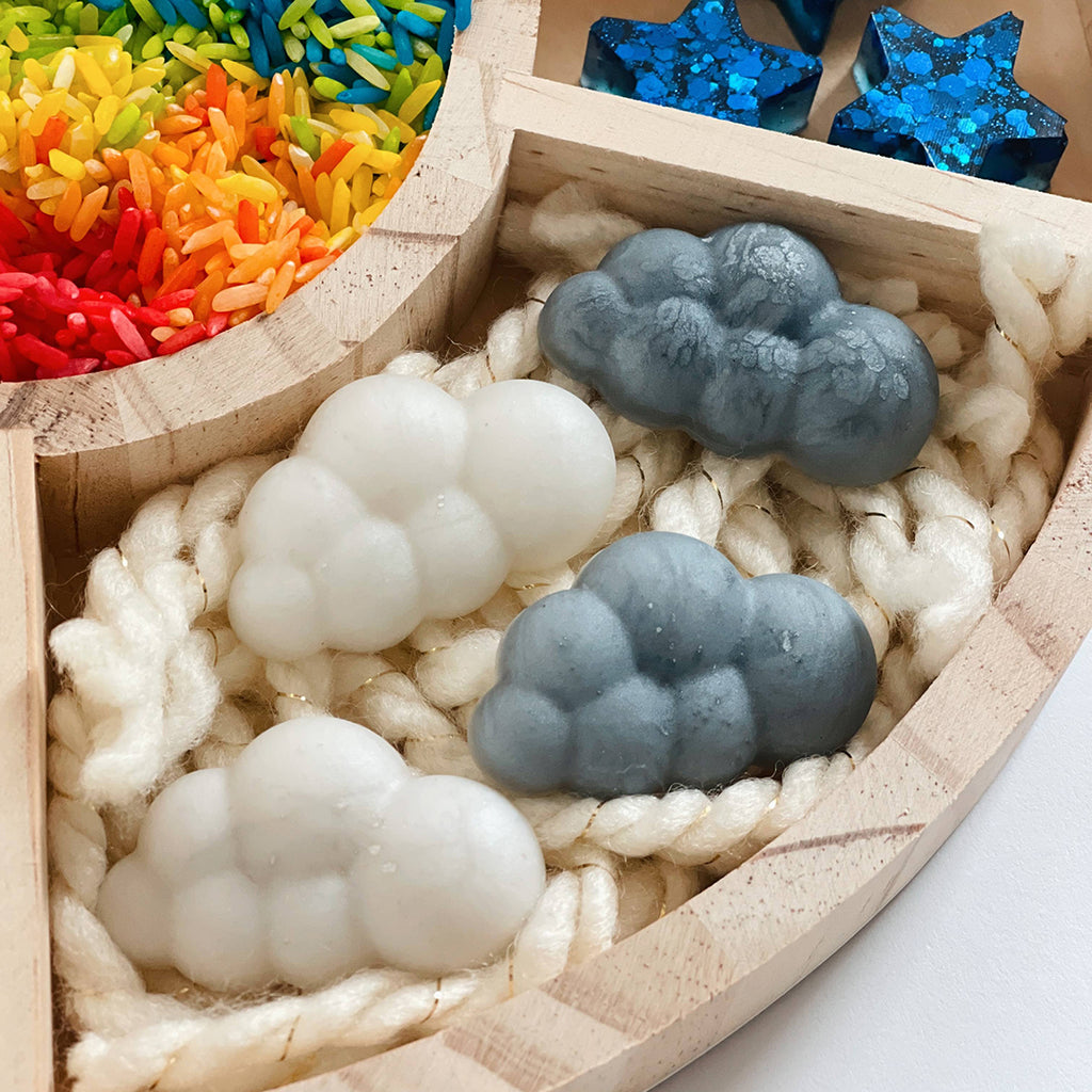 resin clouds for a kids weather themed sensory bin