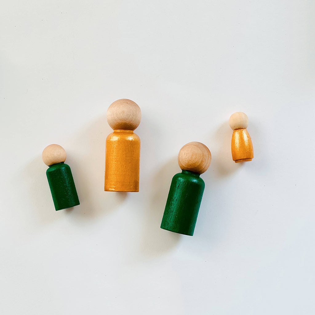 green and gold hand painted wood doll pegs