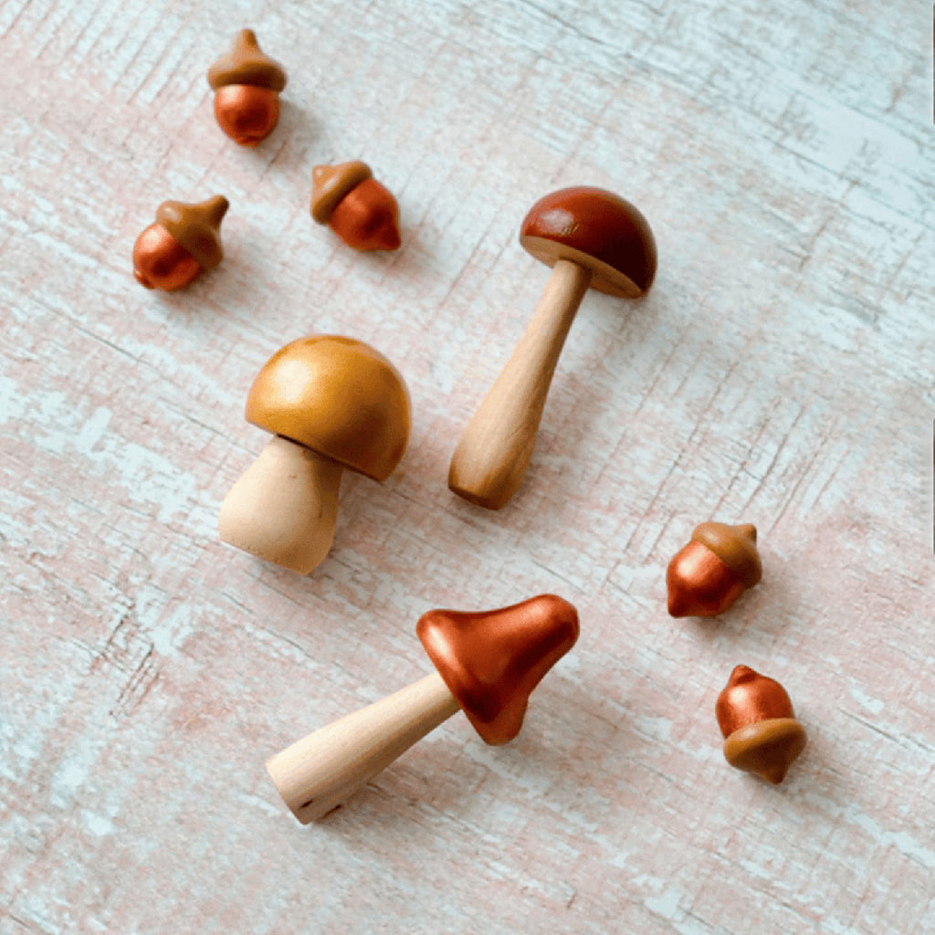 hand painted Montessori wooden acorns and mushroom toy set loose parts play
