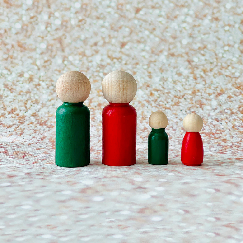 red and green hand painted Montessori wooden peg dolls